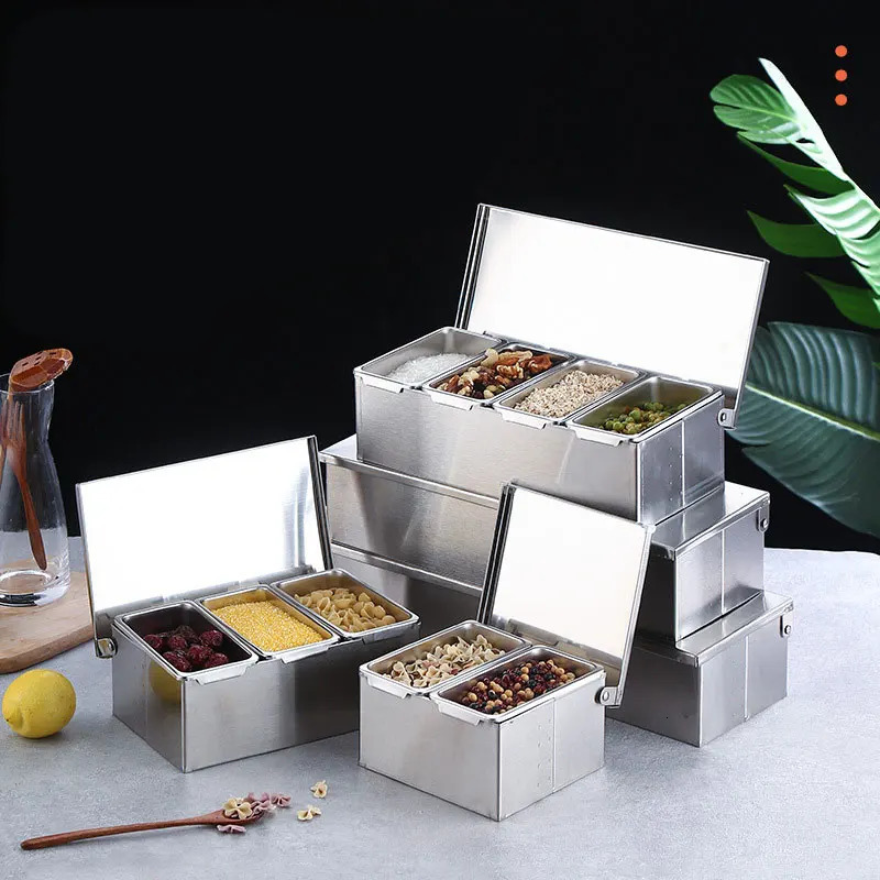 Kitchen Storage Organization Stainless Steel 3 4 5 Section Ingredients Box Salt Sugar Cheese Sauce Seasoning Pizza Making Tool Snack 231206