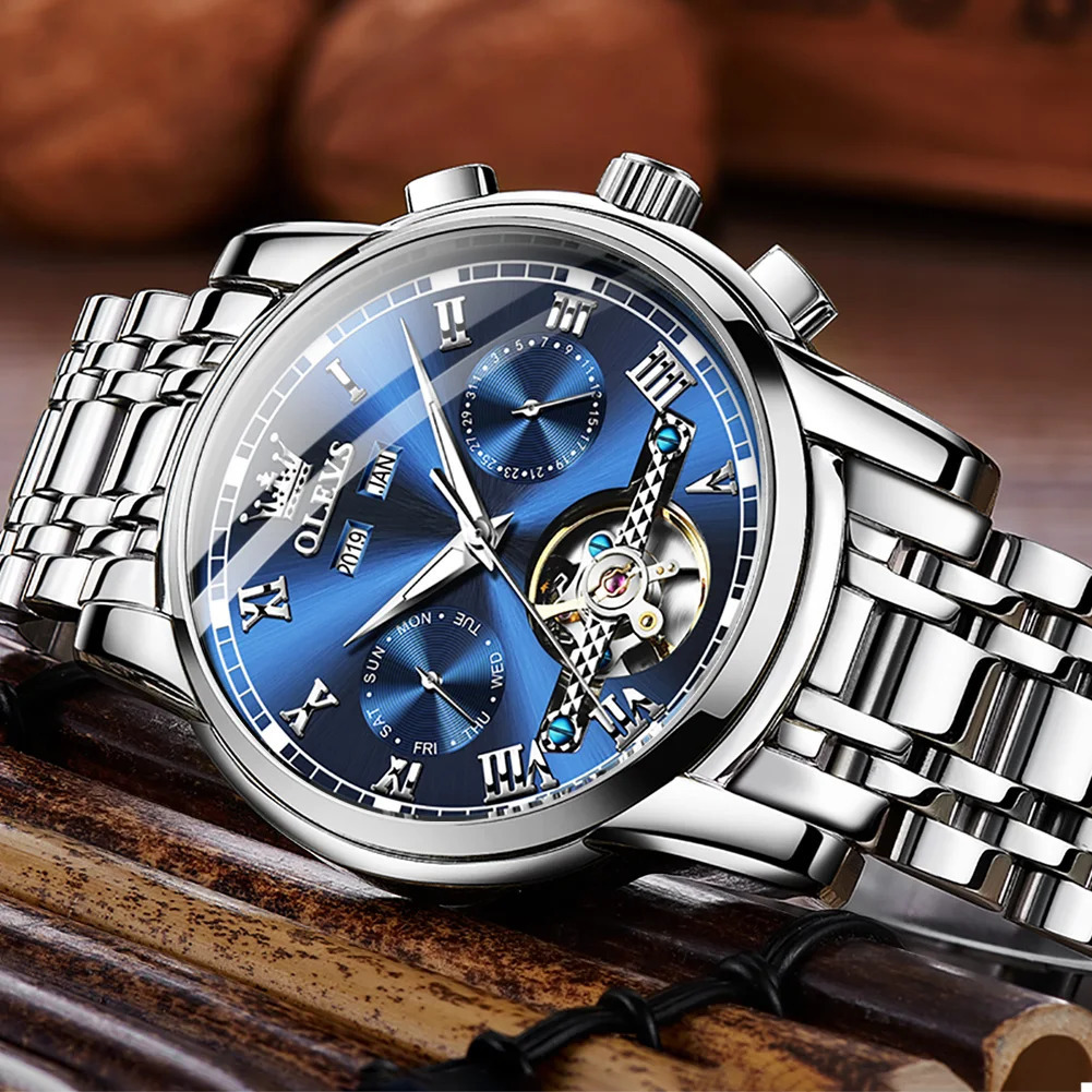Wristwatches OLEVS Men's Watches Automatic Mechanical Business Wristwatch Waterproof Stainless Steel Strap Watch for Man Skeleton Calendar 231208