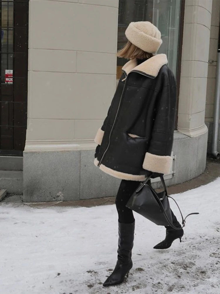 Women's Jackets Fashion Warm Leather Fur Coat Women Winter Long Sleeve Chic Velvet Lapels Coats Female Street Black Engine Lady Bike Jacket 23120