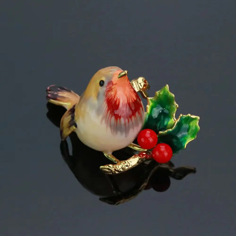 Pins Brooches 18K Gold Plated Enamel Birdie Bird Sparrow with Cherry Brooch 231208