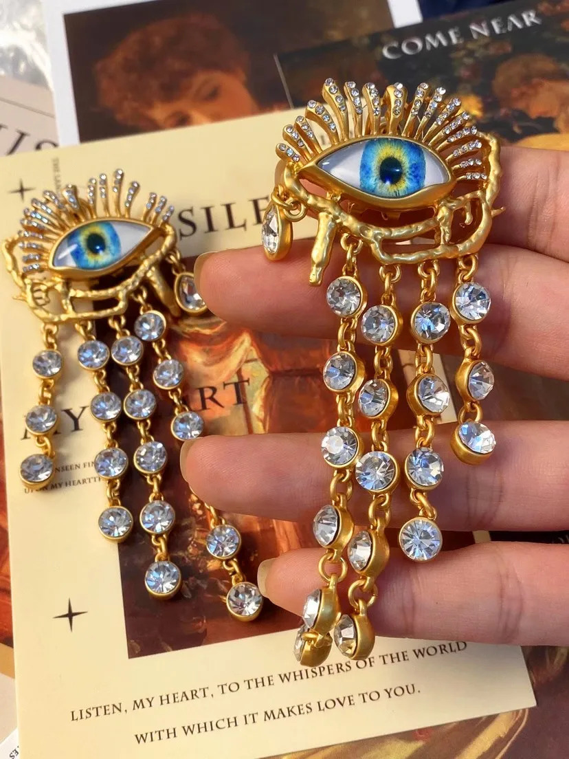 Dangle Chandelier Personality Earrings Devil's Eye Tassel Long Rhie for Women Jewelry Brass European And American Heavy Industry 231208