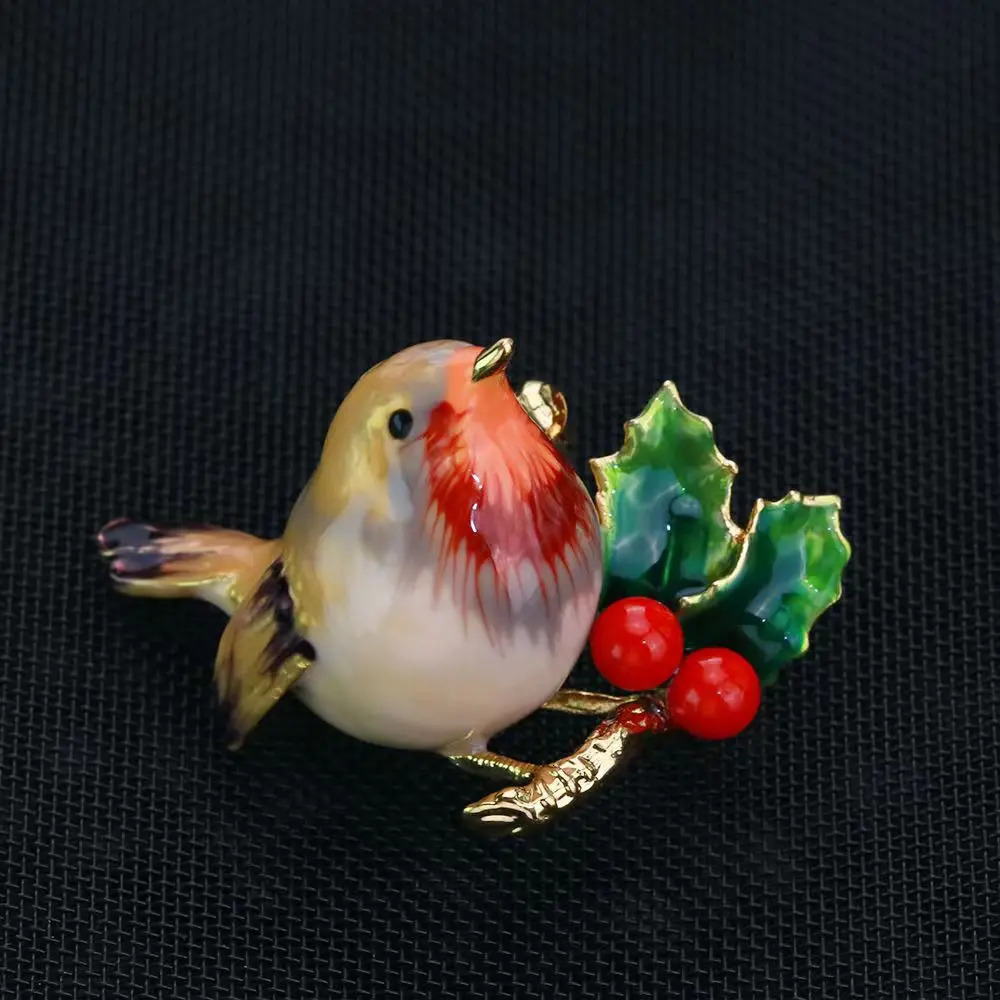 Pins Brooches 18K Gold Plated Enamel Birdie Bird Sparrow with Cherry Brooch 231208