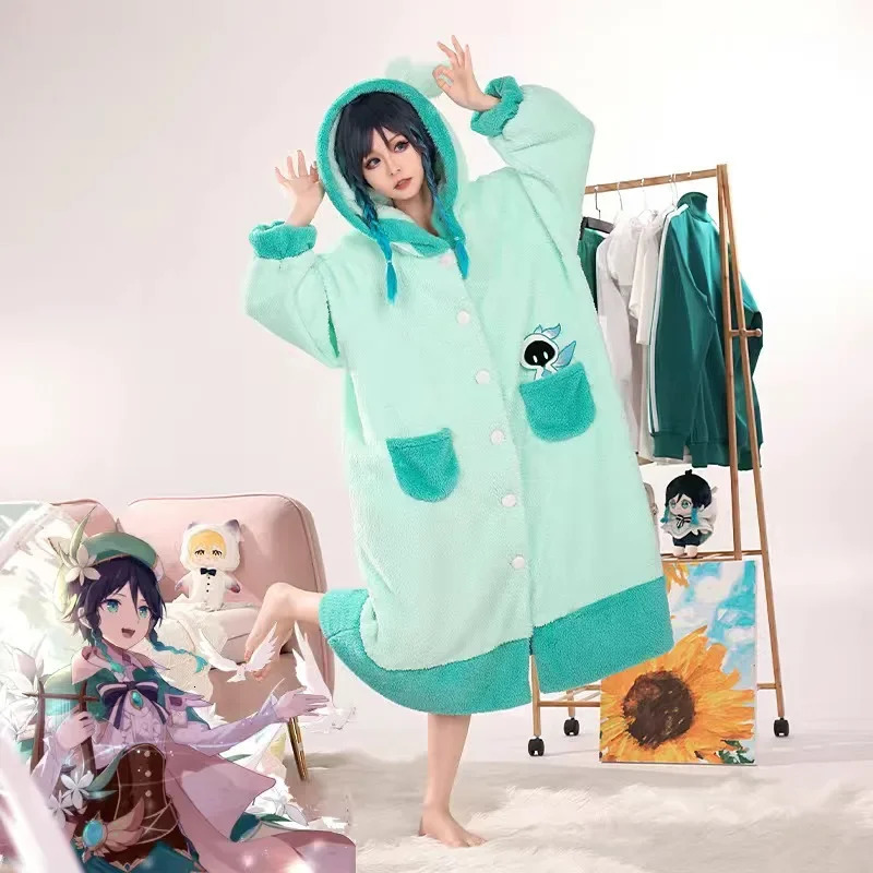 Anime Costumes Genshin Impact Cosplay Pajamas Cute Plush Bathrobe Anime Tartaglia Xiao Zhongli Ganyu Scaramouche Winter Hoodie Thick Nightgown 231208
