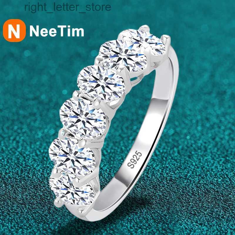 With Side Stones NeeTim Full D Color Oval Moissanite Rings for Women Sparkling 6 Stones Diamond with Certificate 925 Sterling Sliver Wedding Ring YQ23