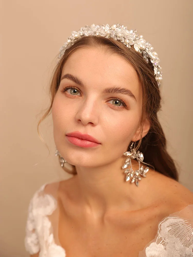 Wedding Hair Jewelry Silver Women Crystal Headbands Beads Head Accessories Hairbands and Earrings Set Leaves Beauty Wedding Ornaments Bridal Headwear 