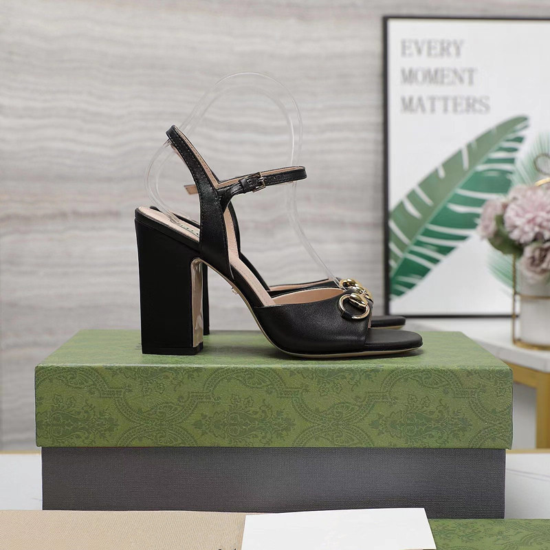 Classic High Heel Sandals Designer Shoes Fashion 100% Leather Womens Dance Shoes Sexy High Heels Womens Metal Belt Buckle Thick Heels Womens Shoes Large 35-42