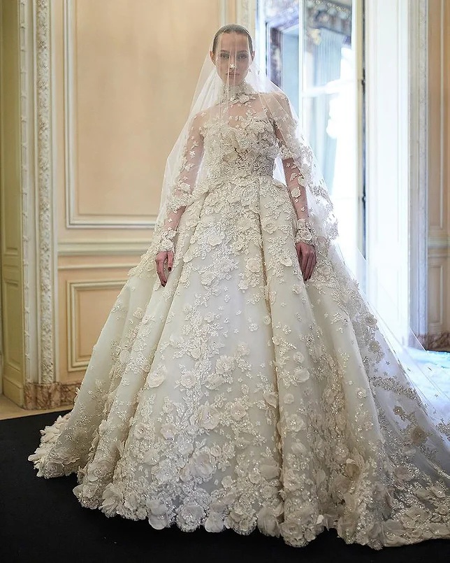 Luxury Long Sleeves A Line Wedding dresses Satin Lace Ball Gown Bridal Gowns Sheer High Neck Lace Sequins Plus Size Robe De Mariee Custom MadeYD