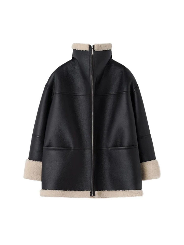 Women's Jackets Fashion Warm Leather Fur Coat Women Winter Long Sleeve Chic Velvet Lapels Coats Female Street Black Engine Lady Bike Jacket 23120