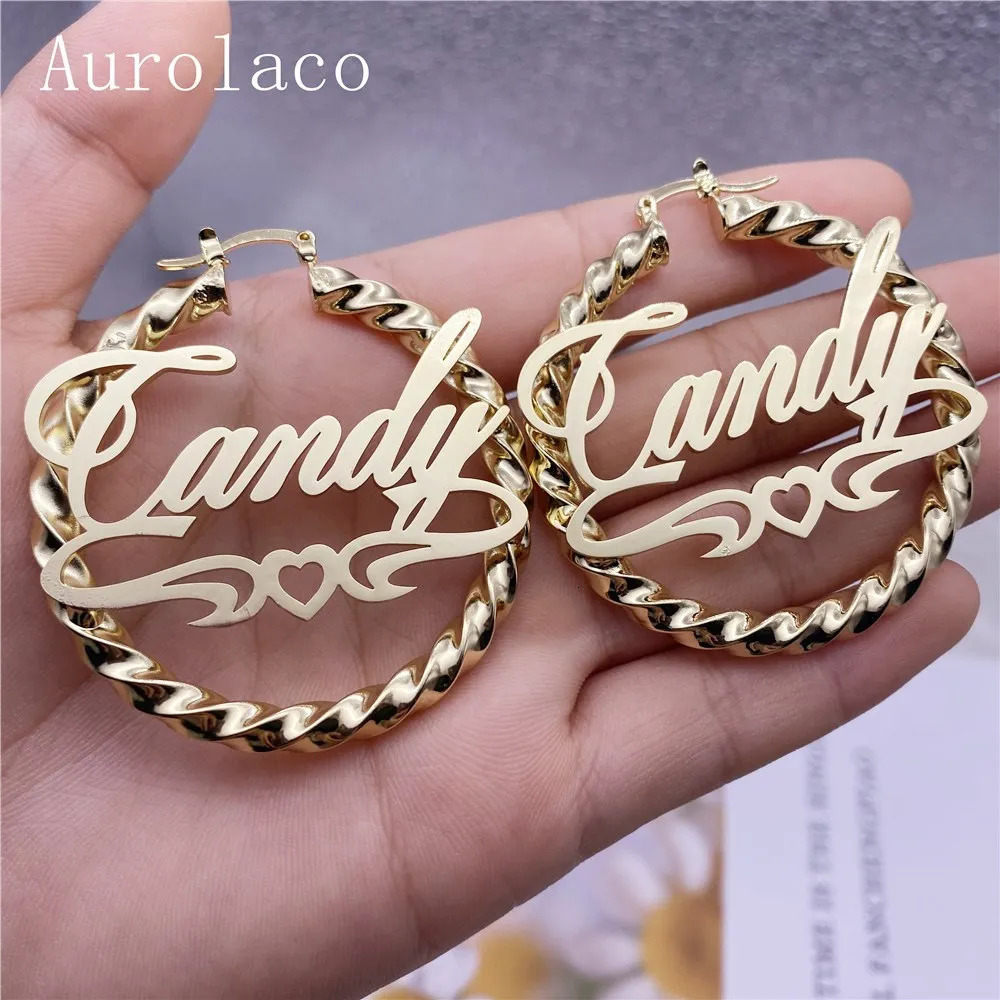 Hoop Huggie AurolaCo 30-90MM Custom Name Earrings Big Hoops Earrings Stainless Steel Hip Hop Style Earrings Custom Earrings for Women Gift 231208