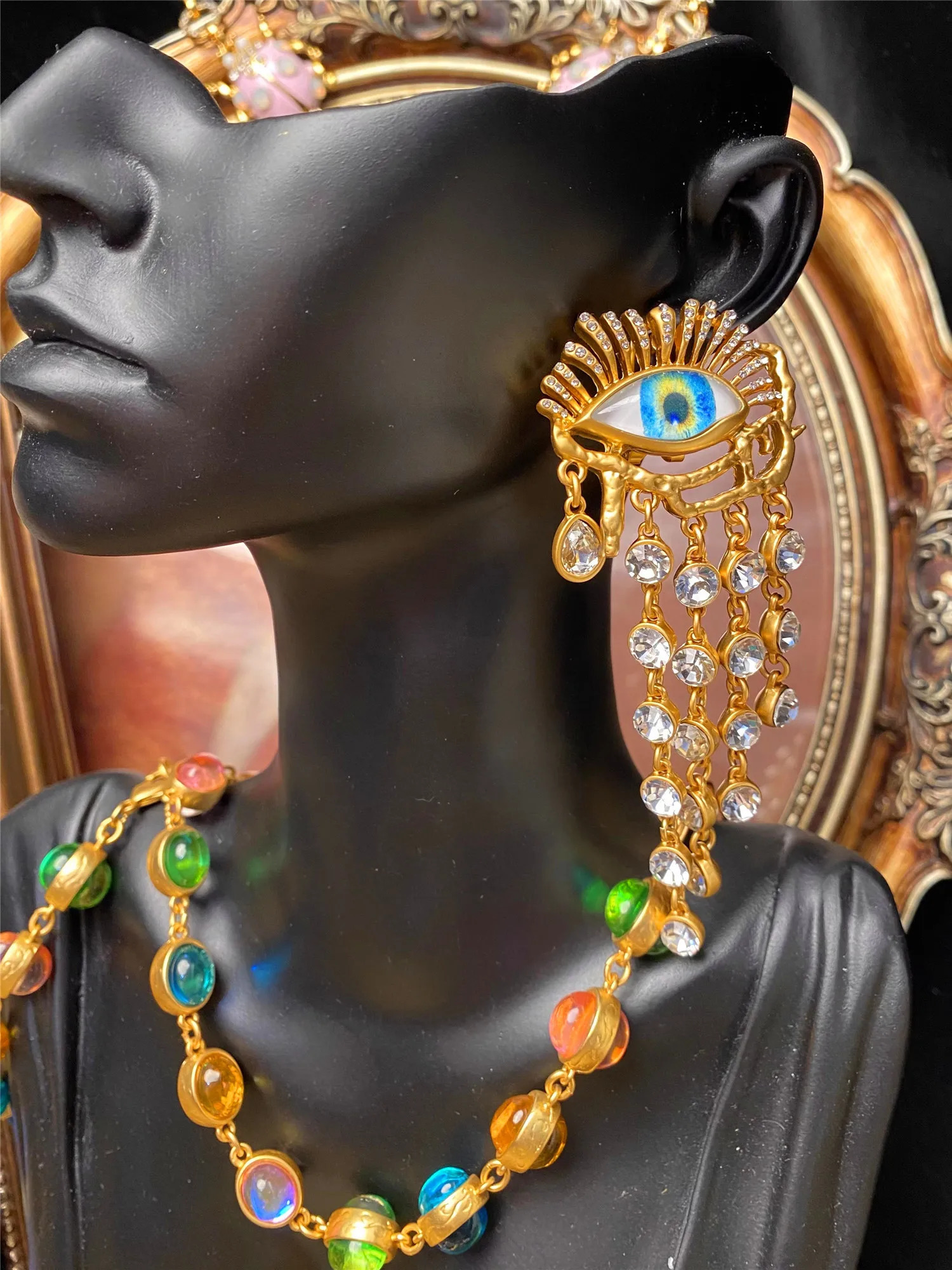 Dangle Chandelier Personality Earrings Devil's Eye Tassel Long Rhie for Women Jewelry Brass European And American Heavy Industry 231208 H260202