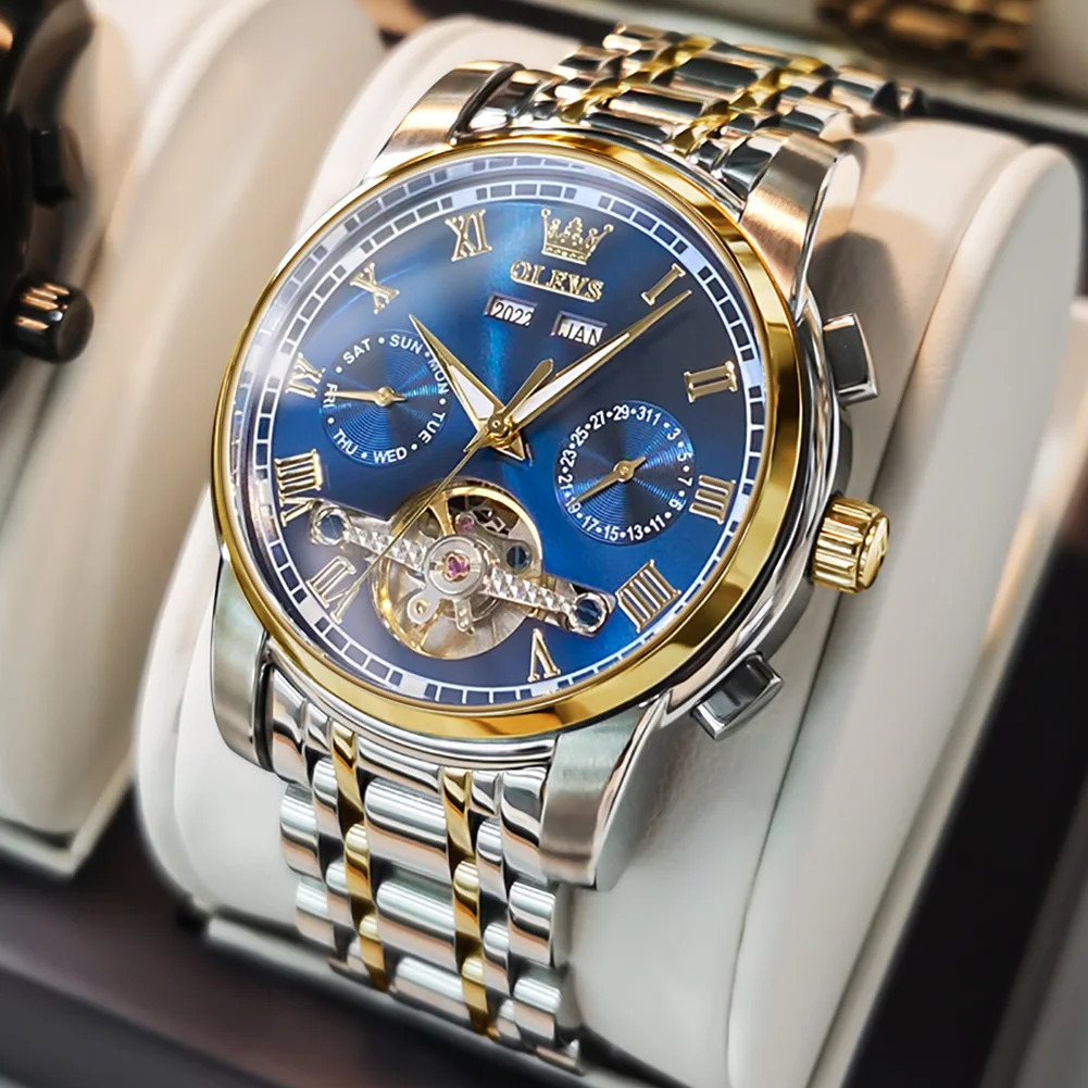 Wristwatches OLEVS Men's Watches Automatic Mechanical Business Wristwatch Waterproof Stainless Steel Strap Watch for Man Skeleton Calendar 231208