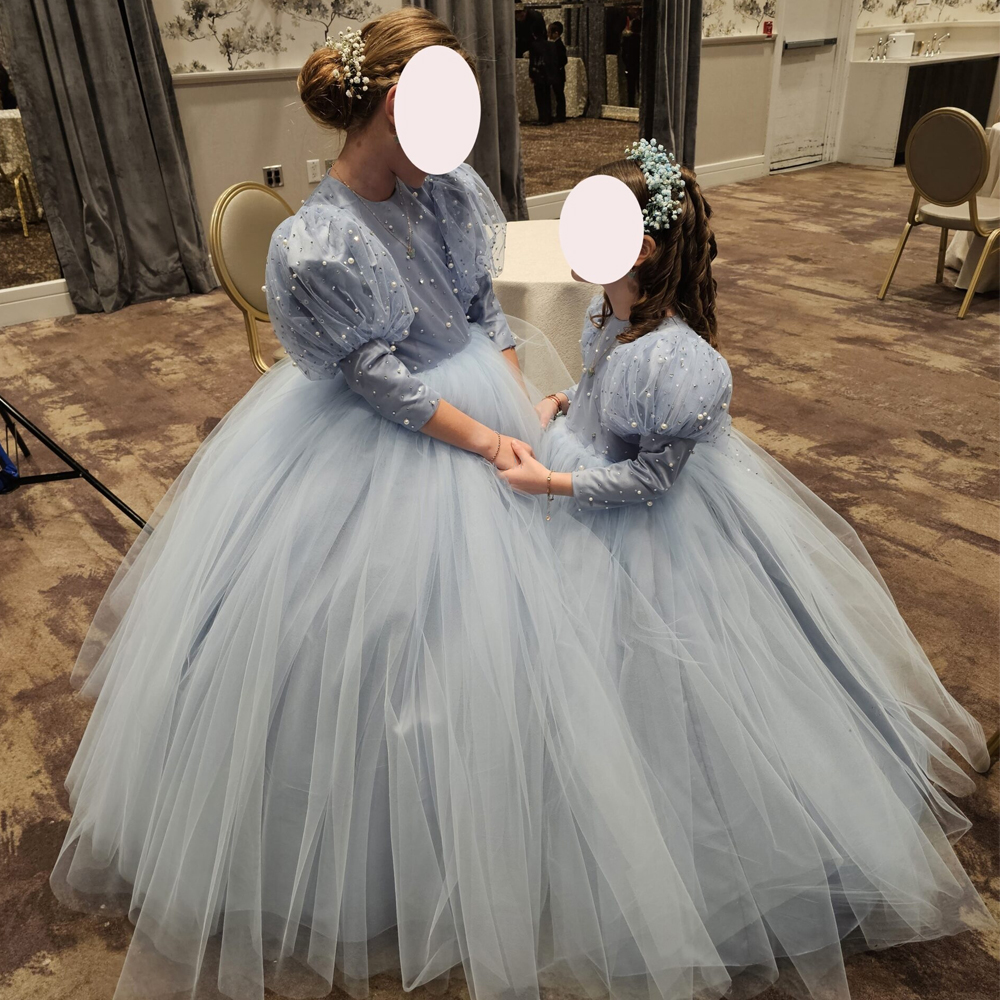 Blue Tulle Flower Girl Dress For Wedding Pearls Ball Gown Kids Formal Wear with 3/4 Sleeve Layered Tulle Puffy Child First Holy Communion Dress