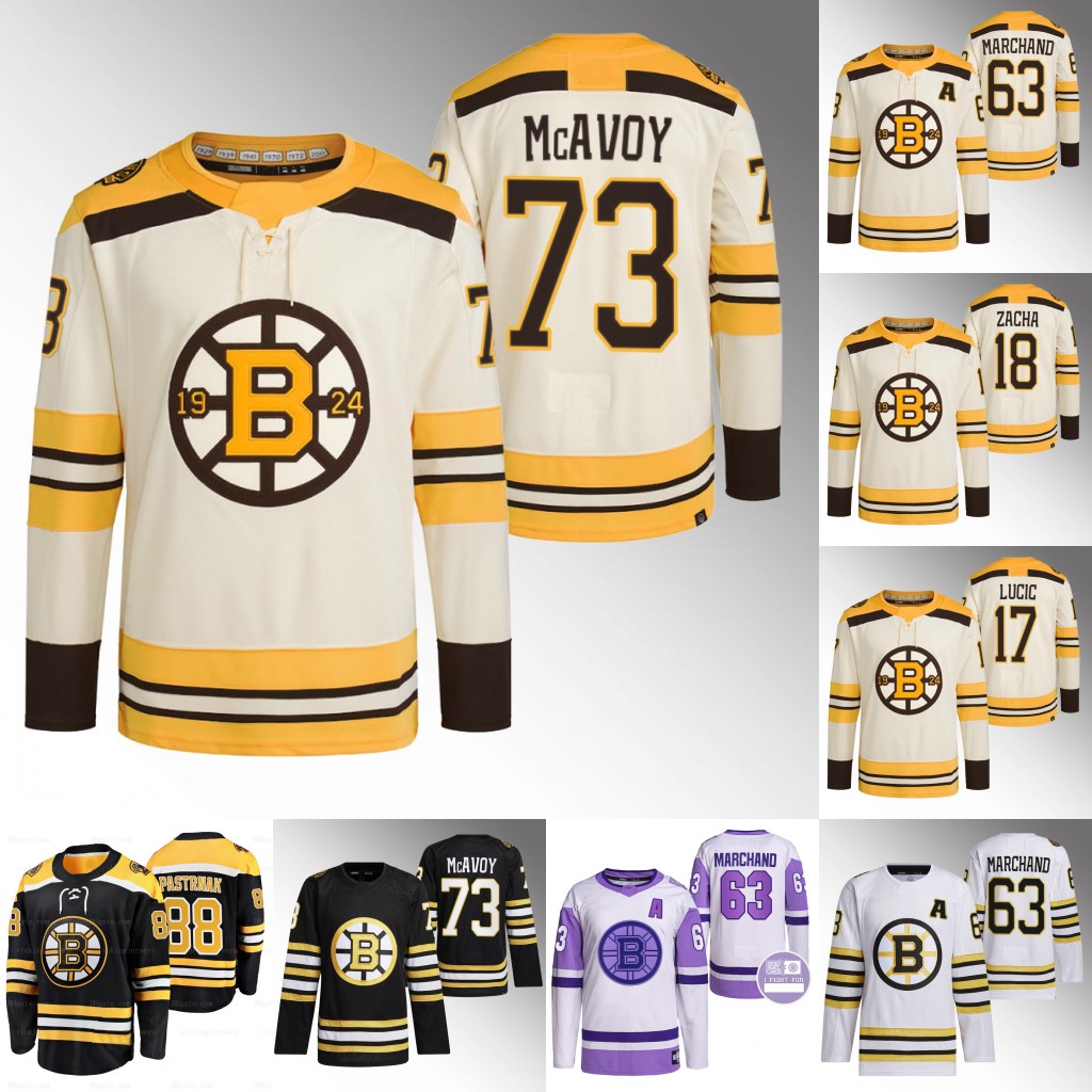2023-24 Bruins 100th Centennial Jerseys Charlie McAvoy Pavel Zacha Brad Marchand David Pastrnak Milan Lucic Patrice Bergeron Jake DeBrusk Krejci Hampus Lindholm