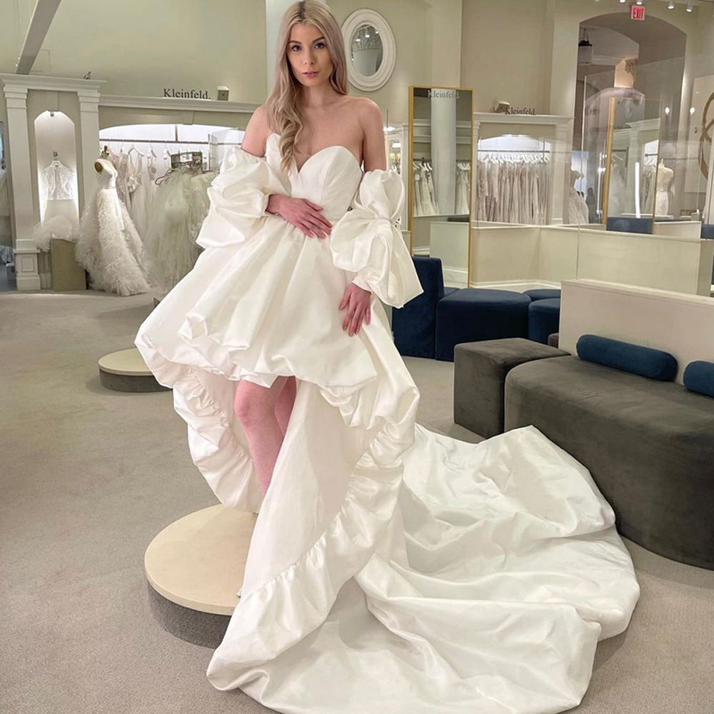 Mordern High Low A Line Wedding Dresses Sweetheart Detachable Sleeve Bridal Gown Taffeta A-Line Front Short Back Long vestidos de novia