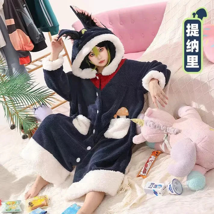 Anime Costumes Genshin Impact Cosplay Pajamas Cute Plush Bathrobe Anime Tartaglia Xiao Zhongli Ganyu Scaramouche Winter Hoodie Thick Nightgown 231208