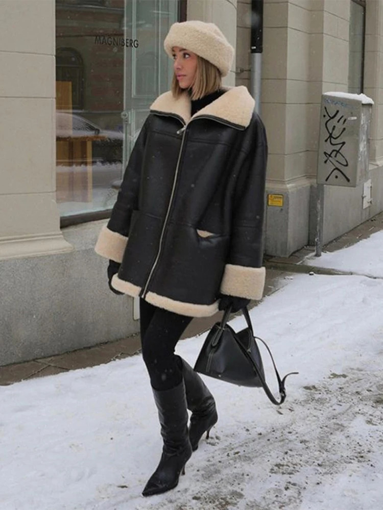 Women's Jackets Fashion Warm Leather Fur Coat Women Winter Long Sleeve Chic Velvet Lapels Coats Female Street Black Engine Lady Bike Jacket 23120