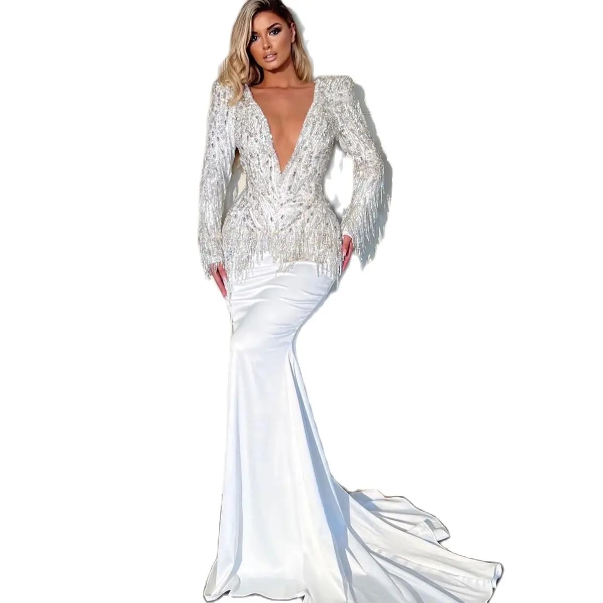 White Mermaid Wedding Dresses Luxury Beading Tassel Dress For Bride Deep V Neck Long Sleeve Bridal Gowns