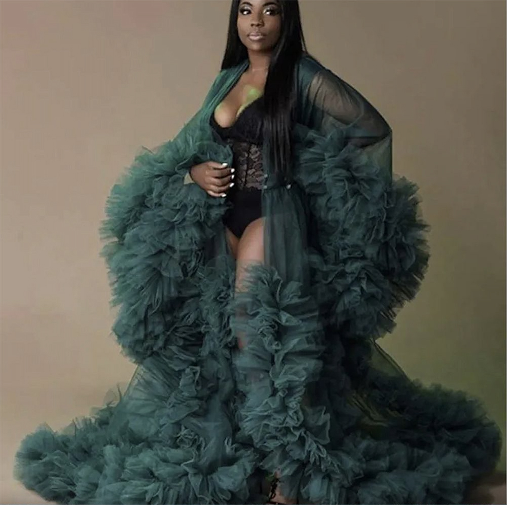 Illusion Ruffles Night Gowns Sexy Women Lingerie Tiered Sleepwear Nightdress Long Sleeve Bridal Boudoir Robe Holiday Wedding