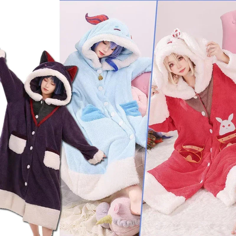 Anime Costumes Genshin Impact Cosplay Pajamas Cute Plush Bathrobe Anime Tartaglia Xiao Zhongli Ganyu Scaramouche Winter Hoodie Thick Nightgown 231208
