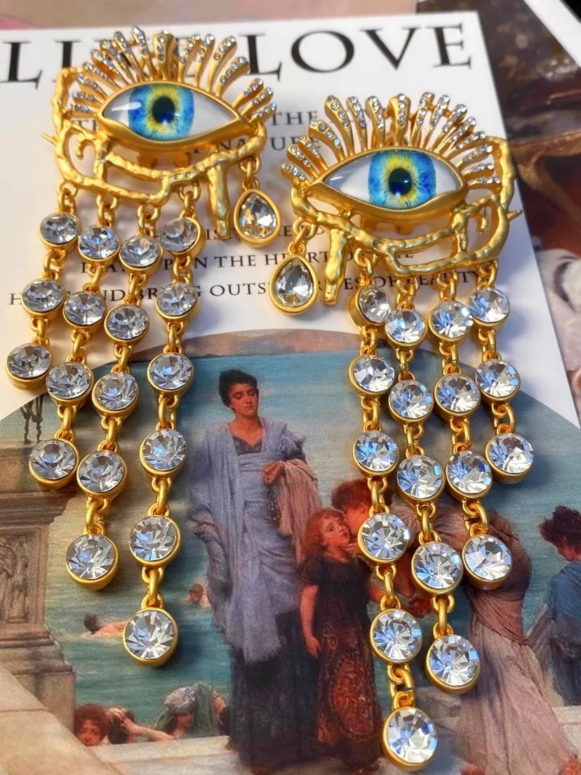 Dangle Chandelier Personality Earrings Devil's Eye Tassel Long Rhie for Women Jewelry Brass European And American Heavy Industry 231208 H260202