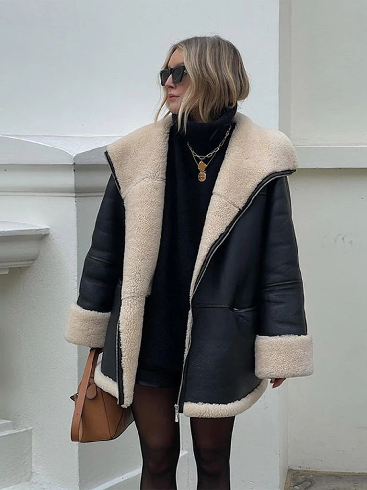 Women's Jackets Fashion Warm Leather Fur Coat Women Winter Long Sleeve Chic Velvet Lapels Coats Female Street Black Engine Lady Bike Jacket 231208