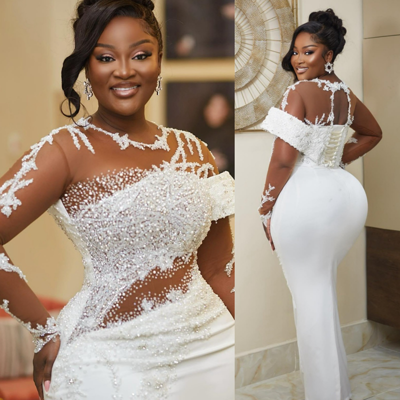 Shine Illusion Evening Dresses Modest Long Sleeves Appliqued Lace Prom Dress Mermaid Beaded Crystals Formal Birthday Party Gowns for African Black Wom