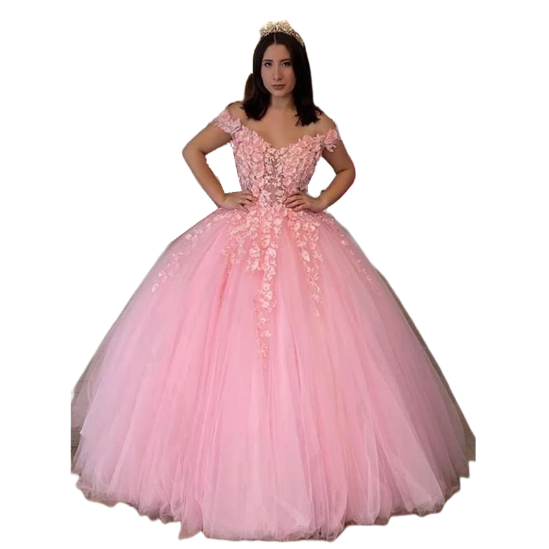 Princess Pink 3D Flowers Appliques Quinceanera Dresses Off The Shoulder Floor Length Sweet 15 Dress For Girls Tulle Formal Party Ball Gowns Pearls Bea
