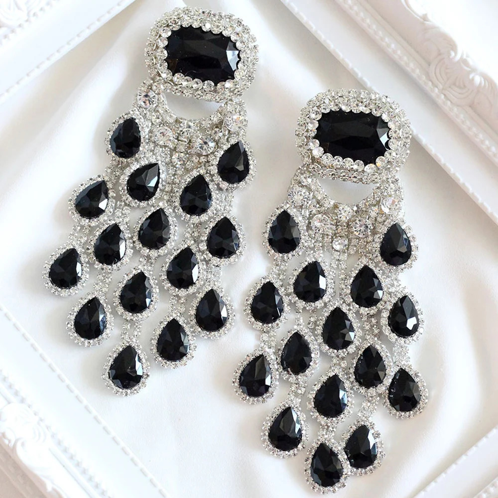 Dangle Chandelier Elegant Bridal Black Crystal Tassel Earrings Large Pendant for Women Bling Water Drop Exaggerated Dangle Earrings Party Jewelry 2312