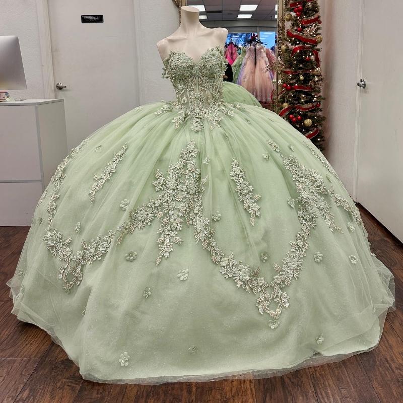 Sage Green Shiny Ball Gown Quinceanera Dresses Appliques Lace Beading Tull Off Shoulder Sweet 16 Dress Vestido De 15 Anos Lace-Up