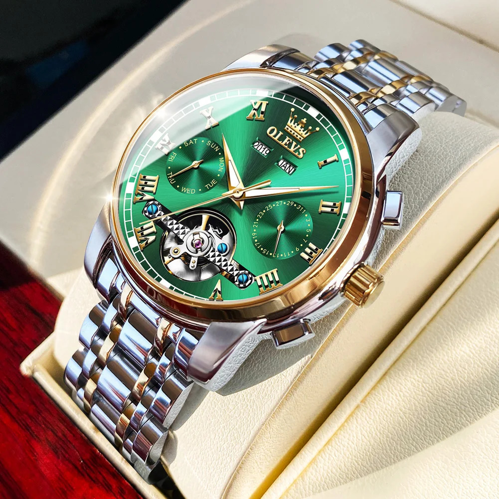 Wristwatches OLEVS Men's Watches Automatic Mechanical Business Wristwatch Waterproof Stainless Steel Strap Watch for Man Skeleton Calendar 231208