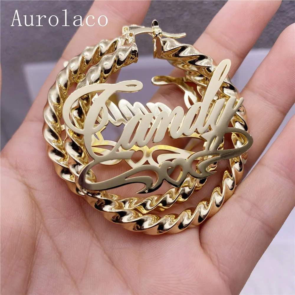 Hoop Huggie AurolaCo 30-90MM Custom Name Earrings Big Hoops Earrings Stainless Steel Hip Hop Style Earrings Custom Earrings for Women Gift 231208