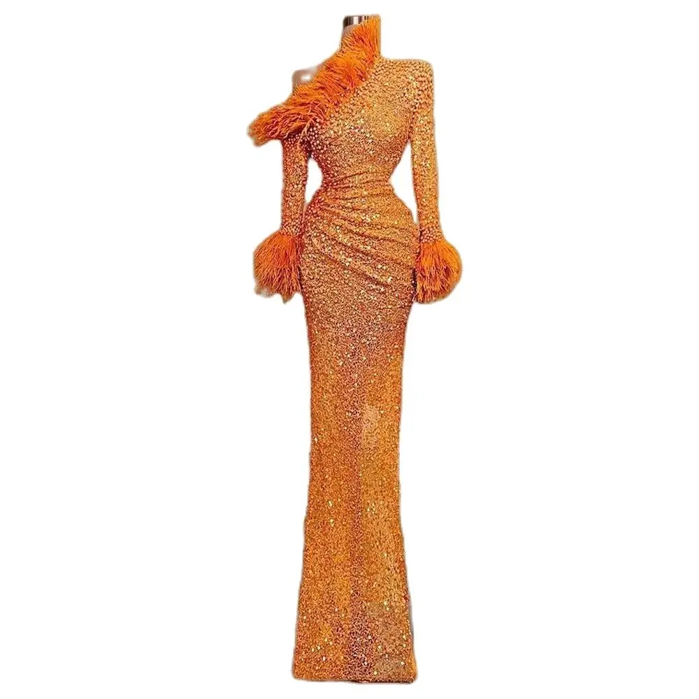 Muslim Mermaid Evening Dresses Pearls Lace Sequined Red Carpet Dress Long Sleeves Formal Prom Gowns Elegant vestido de novia