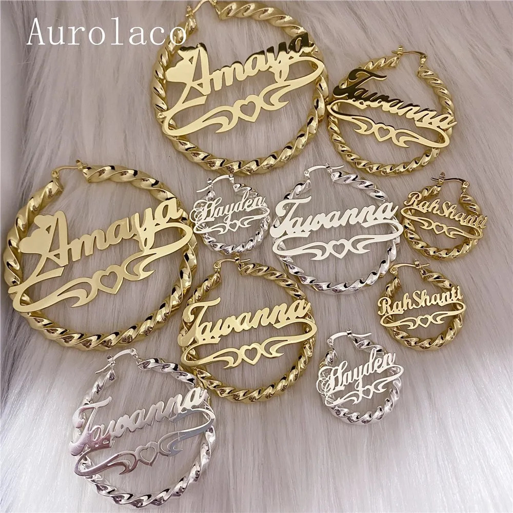 Hoop Huggie AurolaCo 30-90MM Custom Name Earrings Big Hoops Earrings Stainless Steel Hip Hop Style Earrings Custom Earrings for Women Gift 231208