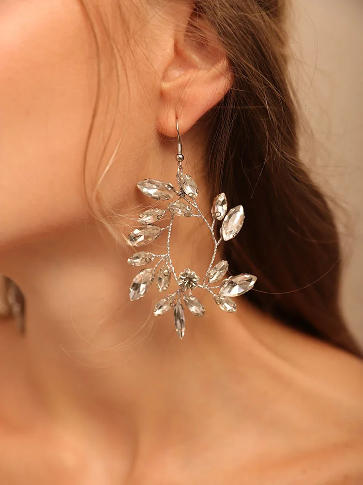 Wedding Hair Jewelry Silver Women Crystal Headbands Beads Head Accessories Hairbands and Earrings Set Leaves Beauty Wedding Ornaments Bridal Headwear 