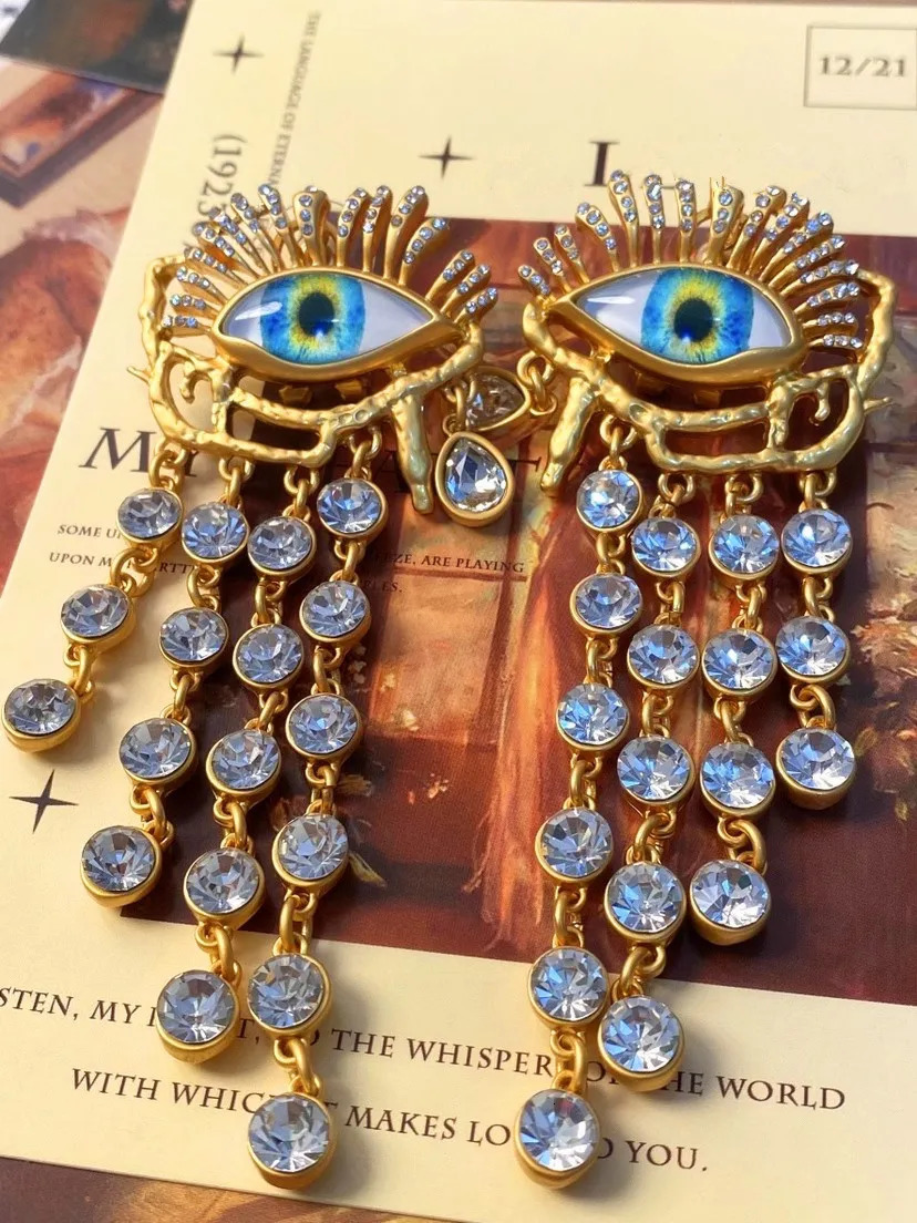 Dangle Chandelier Personality Earrings Devil's Eye Tassel Long Rhie for Women Jewelry Brass European And American Heavy Industry 231208 H260202