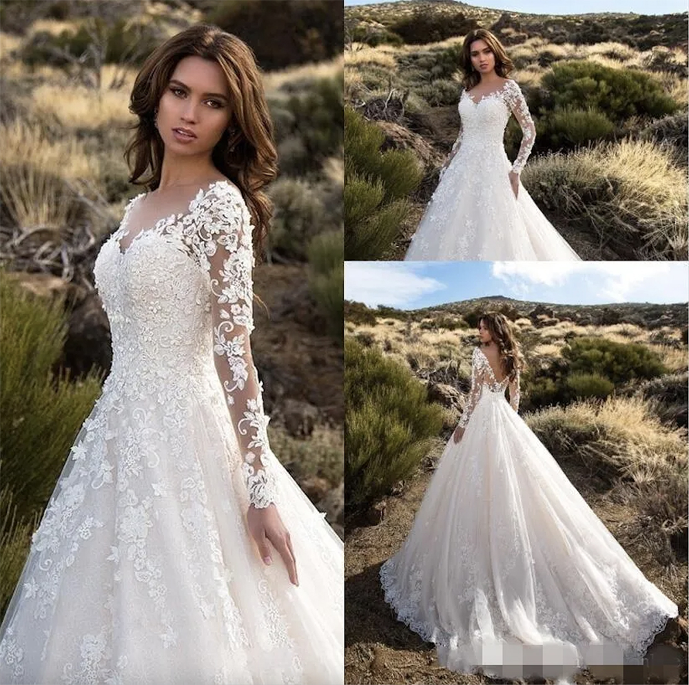 Modest Long Sleeves A Line Dresses V Neck Lace Appliqued Sweep Train Plus Size Wedding Bride Gown vestido de novia 0509
