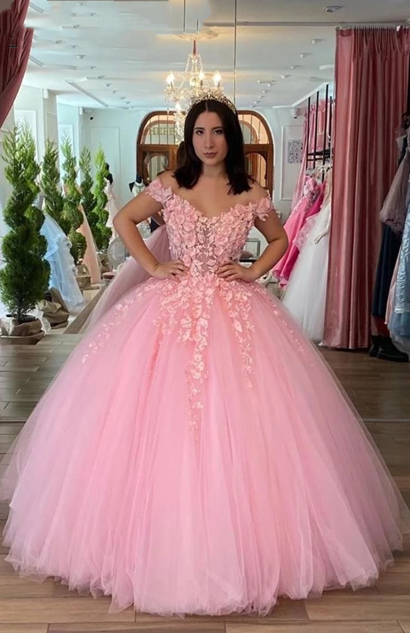 Princess Pink 3D Flowers Appliques Quinceanera Dresses Off The Shoulder Floor Length Sweet 15 Dress For Girls Tulle Formal Party Ball Gowns Pearls Bea