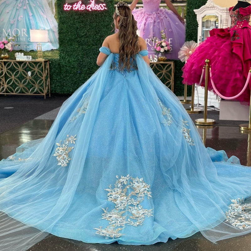 Shiny Sweetheart Quinceanera Dress 2024 Ball With Cape Appliques Lace Beading Princess Party Gown Vestidos 15 De