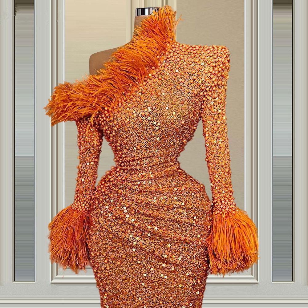 Muslim Mermaid Evening Dresses Pearls Lace Sequined Red Carpet Dress Long Sleeves Formal Prom Gowns Elegant vestido de novia