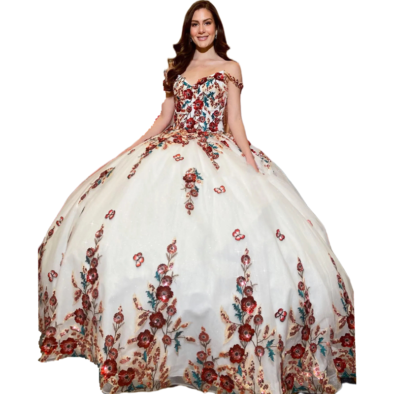 Luxury 3D Floral Sequins Embroidery Quinceanera Dresses Off The Shoulder Glitter Long Sweet 16 Dress For Girls Tulle Prom Special Occasion Gowns 2024
