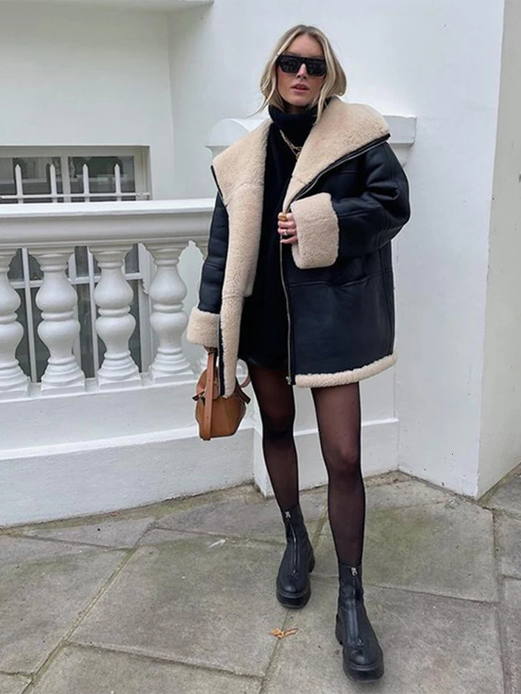 Women's Jackets Fashion Warm Leather Fur Coat Women Winter Long Sleeve Chic Velvet Lapels Coats Female Street Black Engine Lady Bike Jacket 23120