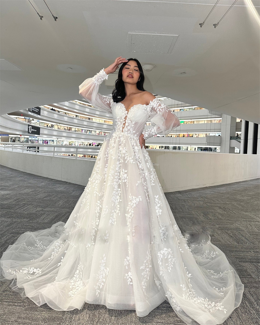 Gorgeous A Line Wedding Dresses 2024 Off the Shoulder Lantern Sleeve Bridal Dress Lace Appliques with Beaded Vestidos De Novia