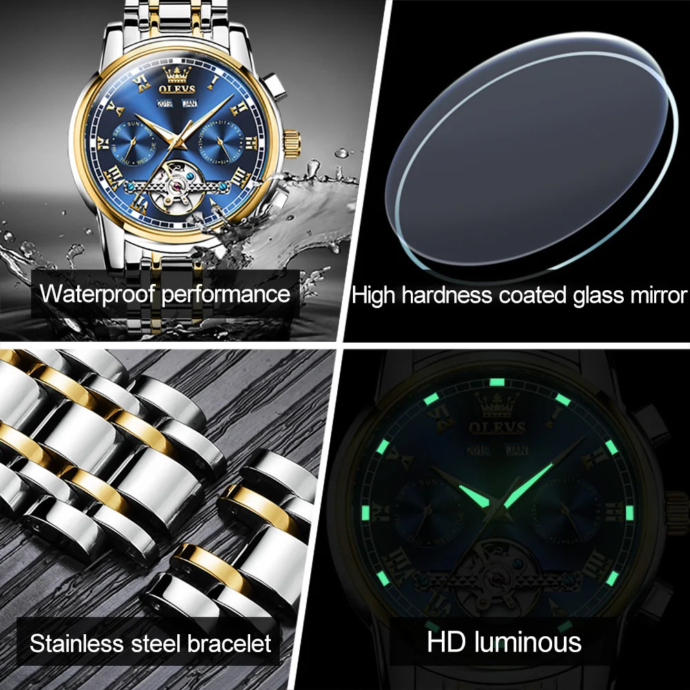 Wristwatches OLEVS Men's Watches Automatic Mechanical Business Wristwatch Waterproof Stainless Steel Strap Watch for Man Skeleton Calendar 231208
