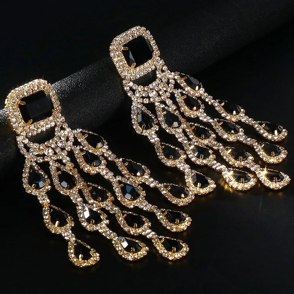 Dangle Chandelier Elegant Bridal Black Crystal Tassel Earrings Large Pendant for Women Bling Water Drop Exaggerated Dangle Earrings Party Jewelry 2312