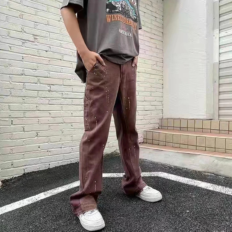 Vintage Streetwear Flared Jeans Pants Hip Hop Splashing Ink Wide Leg Jean Overalls for Men Fashionable Retro Patchwork 231220