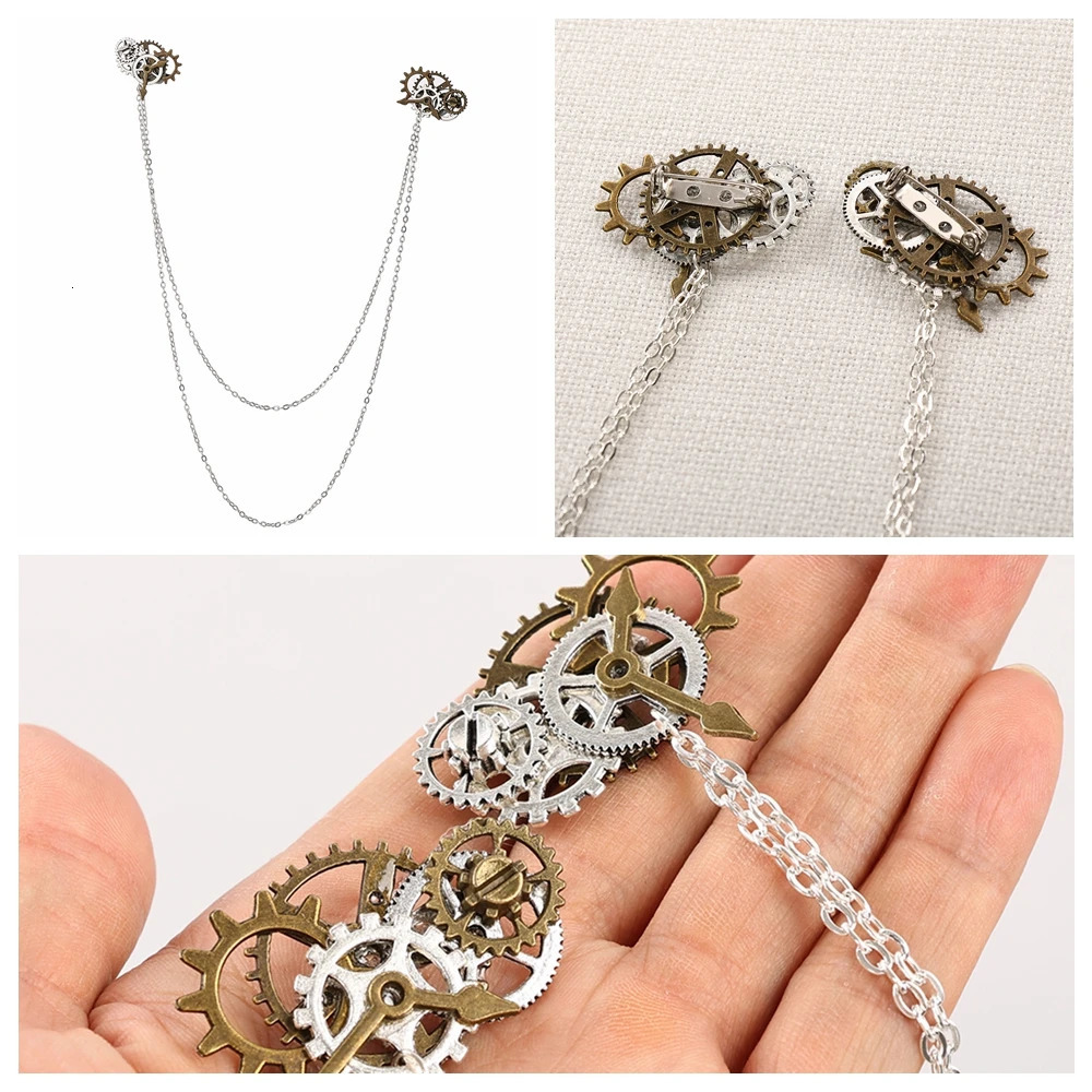 Pins Brooches Brooches Vintage Bronze Unisex Women Men Gear Clock Chain Breast-pins Steampunk Accessories 231208