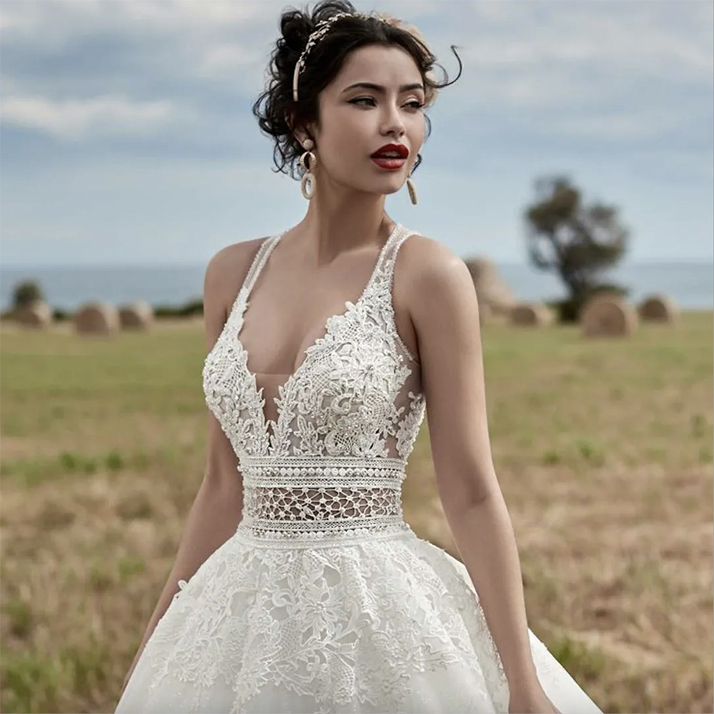 Ivory Beaded Lace Wedding Dresses Deep V Neck Beach Bridal Gowns Sweep Train A Line Bohemian Vestido De Novia 0509