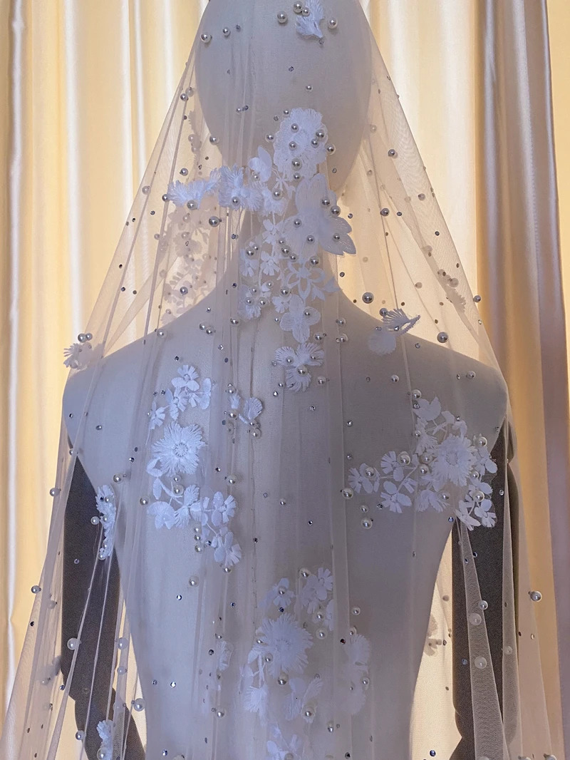 Wedding Hair Jewelry Appliques Wedding Veil 3D Flowers Pearls Bridal Veils Chapel Length Elegant beaded Bride Veils Wedding Accessories 231208