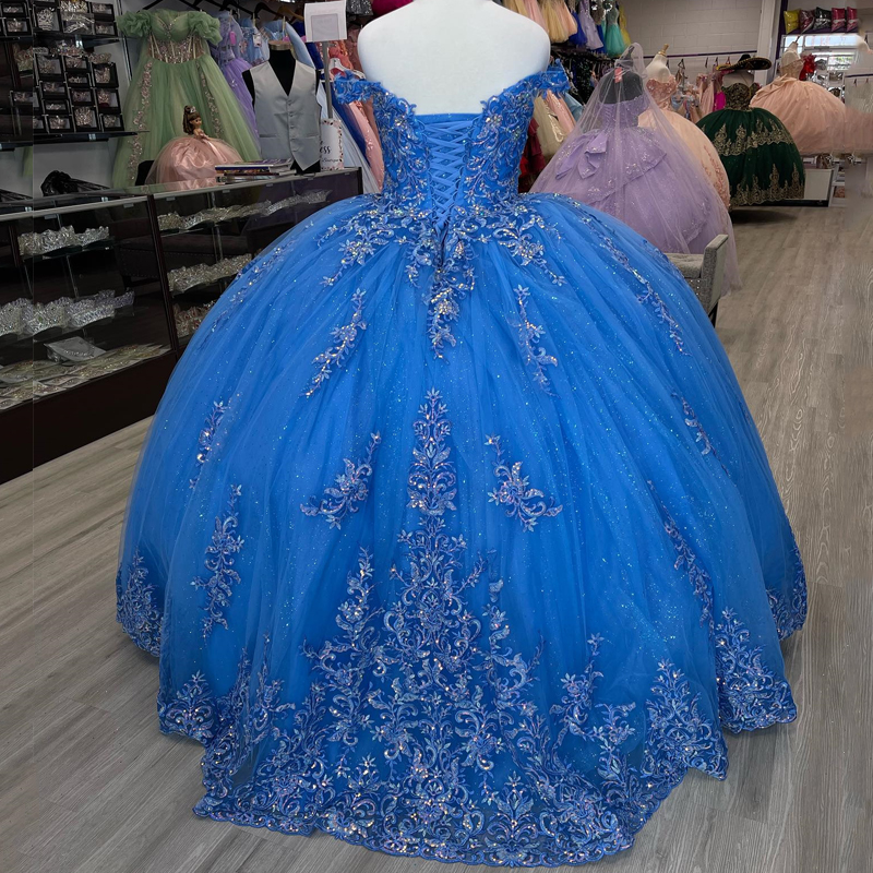 Blue Shiny Quinceanera Dresses Ball Birthday Gown Sparkly Applique Lace Off The Shoulder Lace-Up Sweet 16 Dress vestidos de 15