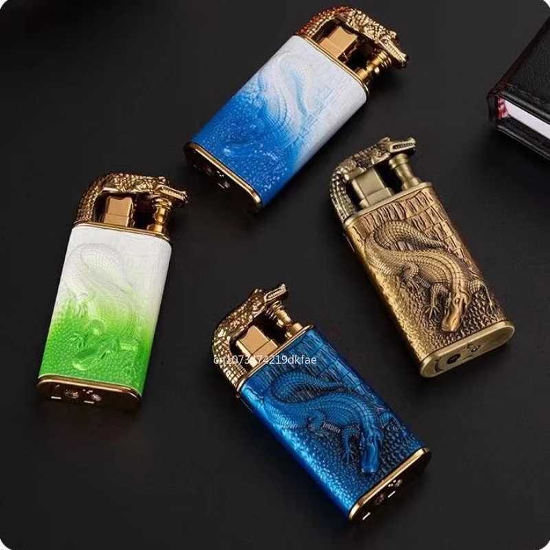 New 3D Relief Dragon Crocodile Double Fire Lighter Metal Windproof Jet Open Conversion No Gas Smoking Men's Gift W260202